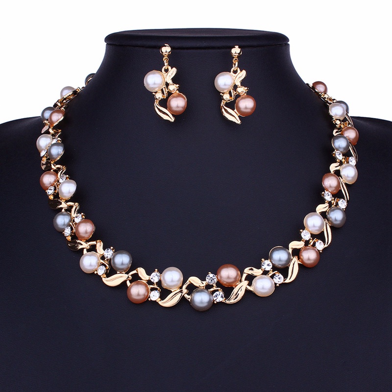 Women Faux Pearls Rhinestone Chain Necklace Earrings Wedding Bride Jewelry Set