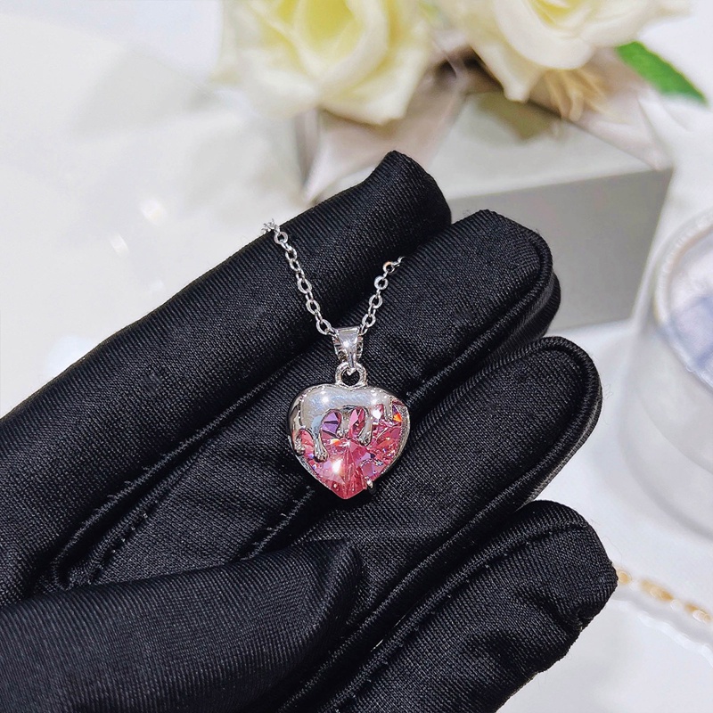 Kalung 925 Silver Bentuk Hati Aksen Berlian Warna Pink Untuk Wanita