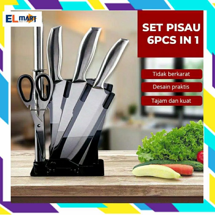 Elmart Pisau Dapur Set Stainless 6in1 Pemotong Daging Pengasah EL22