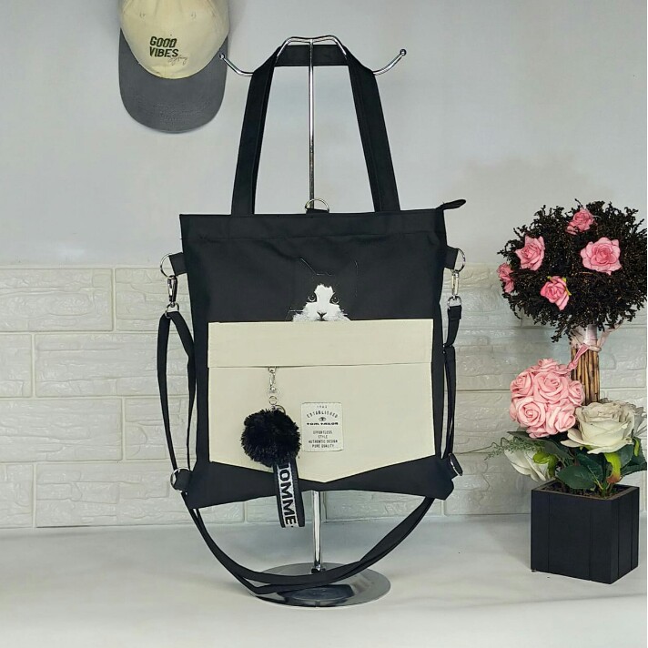 TOTEBAG KUCING RANSEL WANITA RESLETING / TOTE BAG LUCU, RANSEL/SLEMPANG,BISA CUSTOM SABLON TB 002 C