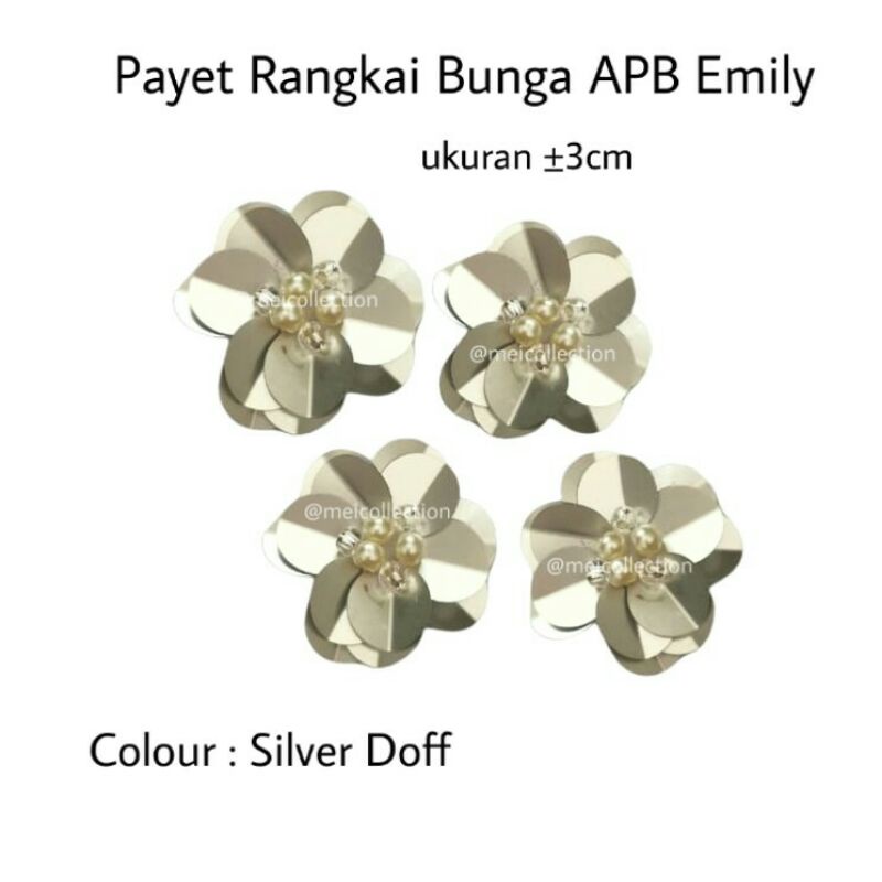 payet APB Emily bunga 3d silver doff 3cm permata mutiara