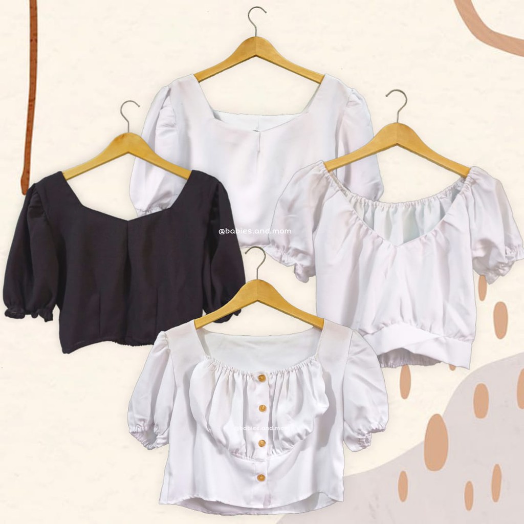 Blouse crop button croptop puff sleeve blouse Sabrina v neck atasan blouse wanita blus Korean style