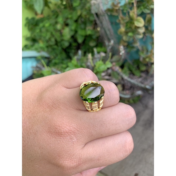 Cincin Pria Wanita Unisex Gold Platted 14K Permata Peridot Hijau Zirconia Mewah