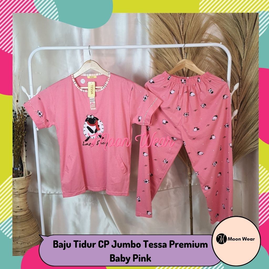 Baju Tidur Wanita Tessa | Piyama Baby Doll | Piyama Wanita | Baju Tidur Tessa Babydoll | Baju Tidur CP Jumbo Tessa Premium Baby Pink | Kaos Super Tebal Adem COD – Moon Wear