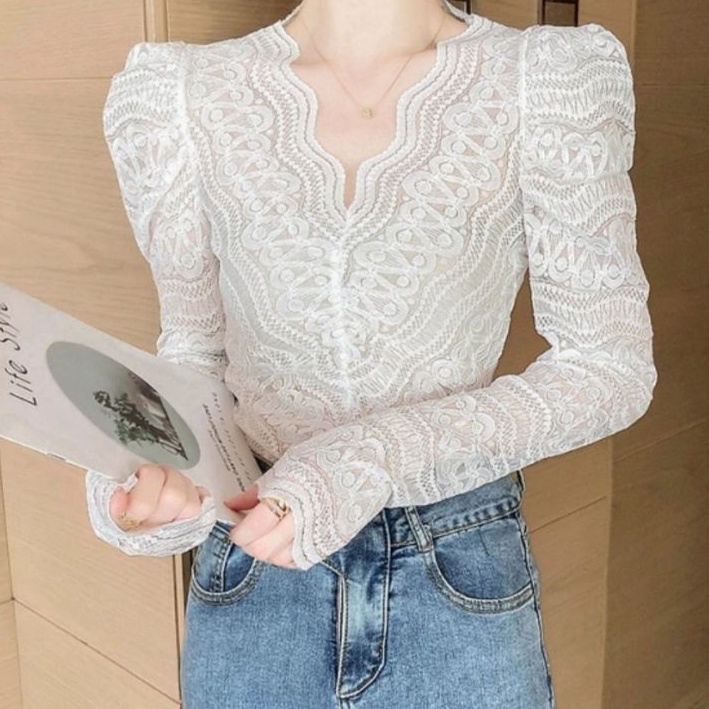 Baju Atasan pakaian luaran bahan  renda import vineck polos lengan panjang Korea terbaru  Baju blus 