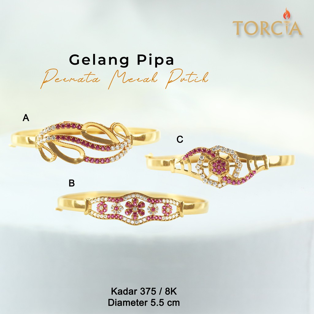Gelang Pipa Emas Asli Permata Merah Putih Kadar 375 Torcia