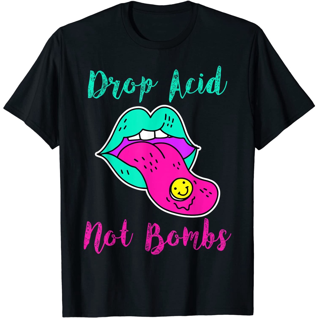 KAOS DEWASA Drop Acid Not Bombs Retro Trippy Tongue LSD T-Shirt