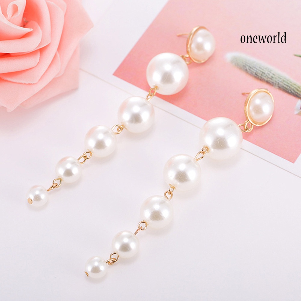 OW@ Fashion Women Big Round Faux Pearl Dangle Long Drop Stud Earrings Jewelry Gift