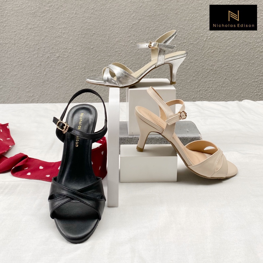 Nicholas Edison Heel Icha Black Sandal Hak Sedang Stiletto Tali Silang Terbaru