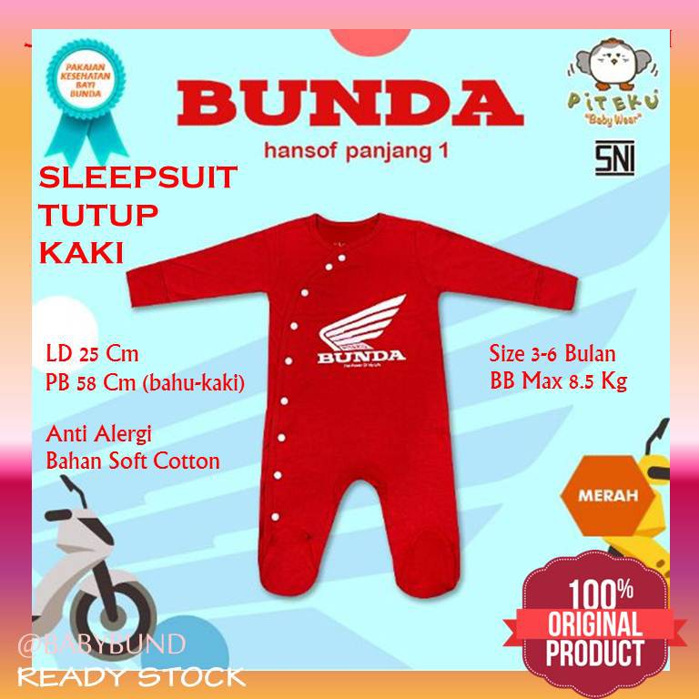 Sleepsuit Tutup Kaki Baju Bayi Laki-Laki 3-6 Bulan Piteku Jumper Baby Hansop Panjang Motif BUNDA