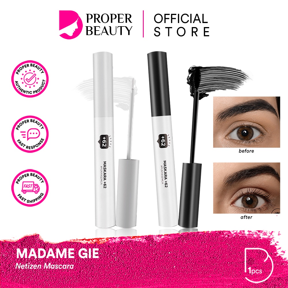 MADAME GIE Maskara +62 Indonesia / Maskara 10g / Smudgeproof Waterproof Pigmented Long Lasting Curly Curl Lock / Anti Air Tahan Lama / Black Clear Fibre Color / Warna Hitam Tranparan / Bulu Mata Lentik Natural / Makeup Cosmetic Kosmetik Face Eye Make Up