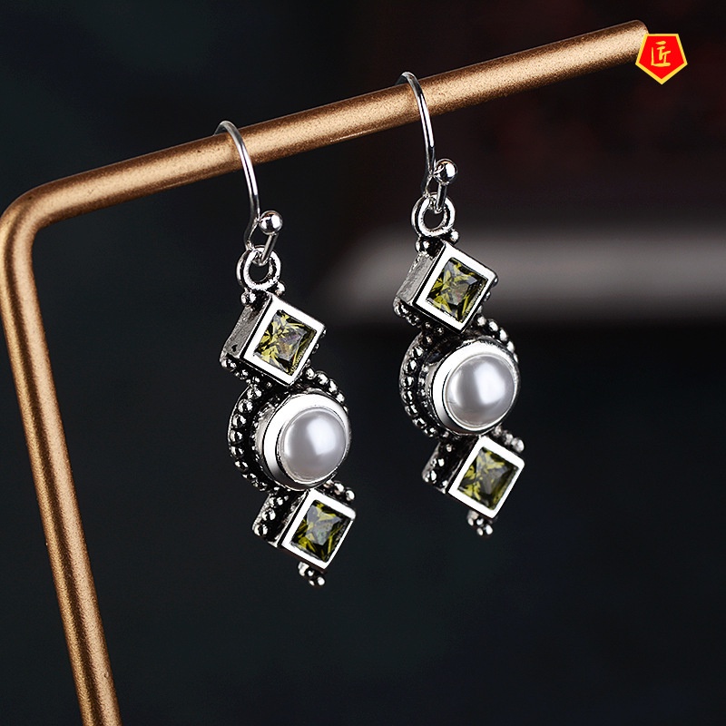 [Ready Stock]Creative S925 Retro Silver Pearl Olive Green Diamond Earrings