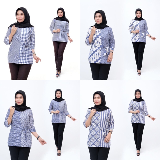 Model Baju Batik Wanita Terbaru 2020 Atasan Lengan Panjang Blouse Wanita Biru Navy Shopee Indonesia