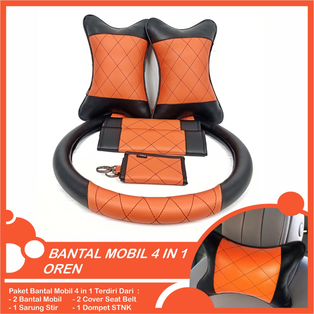 Set Bantal Mobil 4 in 1 Premium Bantal Mobil Sarung Stir Cover Seatbelt Dompet STNK