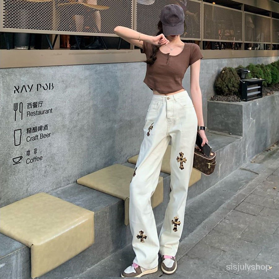 Jeans wanita musim gugur baru pinggang tinggi lurus ramping lebar kaki celana longgar