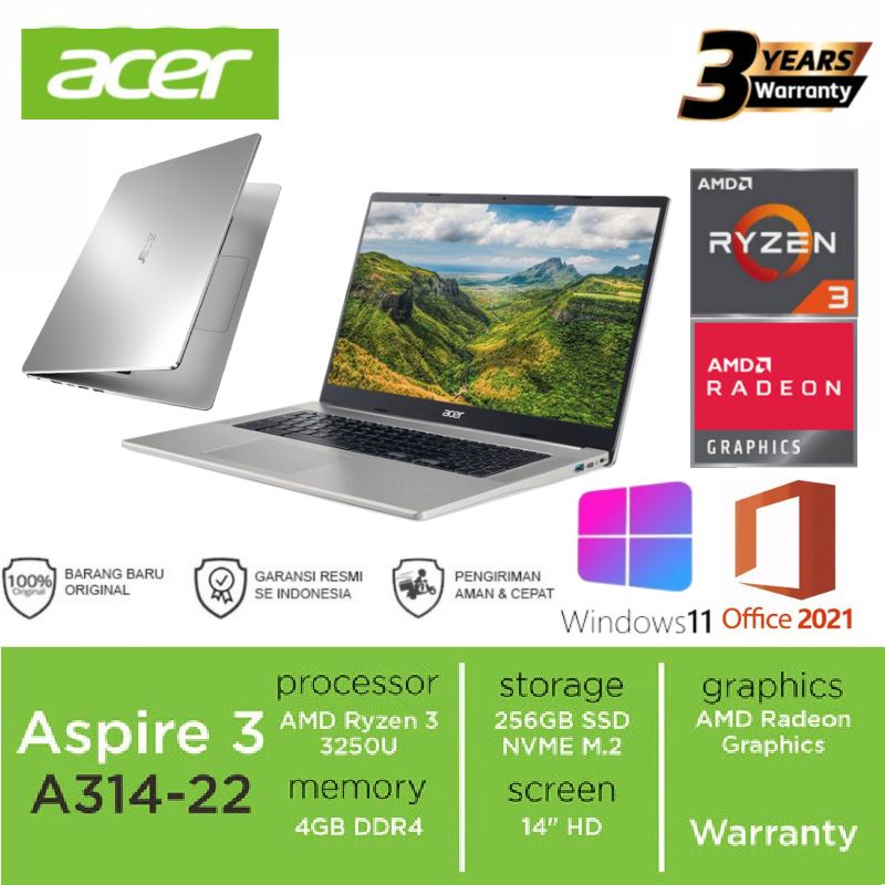 ACER Aspire 3 Slim A314-22-R10Y [14"/AMD Ryzen3-3250U/4GB/SSD 256GB/Windows 11+OHS/silver] NX.HVWSN.00Q