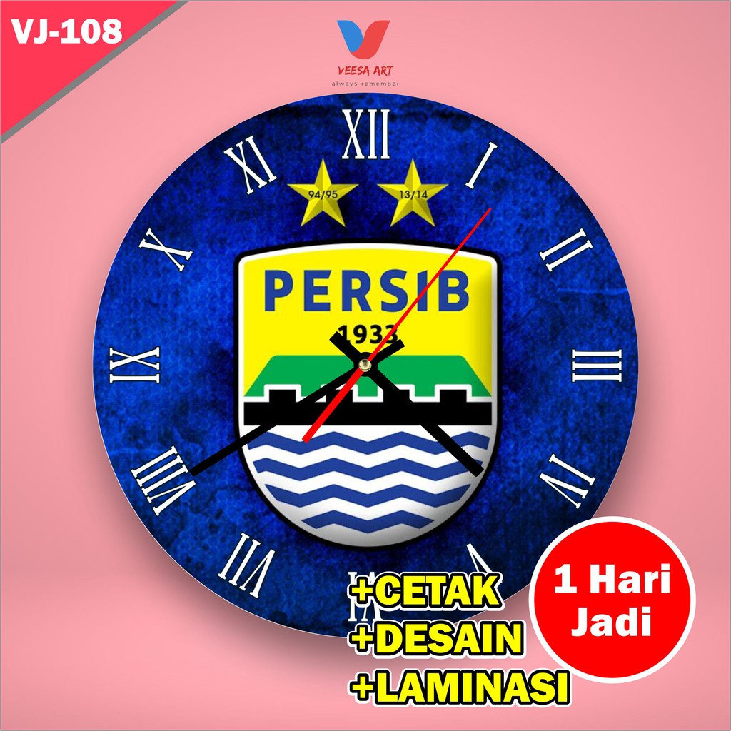 Jam Dinding kayu minimalis dekorasi pajangan rumah Bobotoh klub sepak bola Persib Bandung biru murah