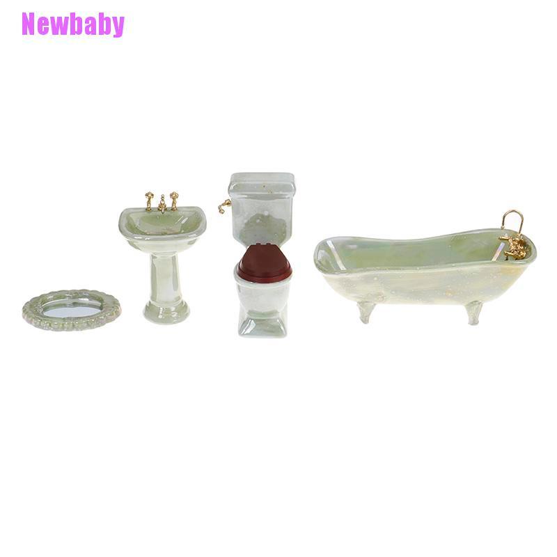 Newbaby Mainan Miniatur toilet + Wastafel Bahan Porselen Warna Hijau Untuk Aksesoris Rumah Boneka 1: 12