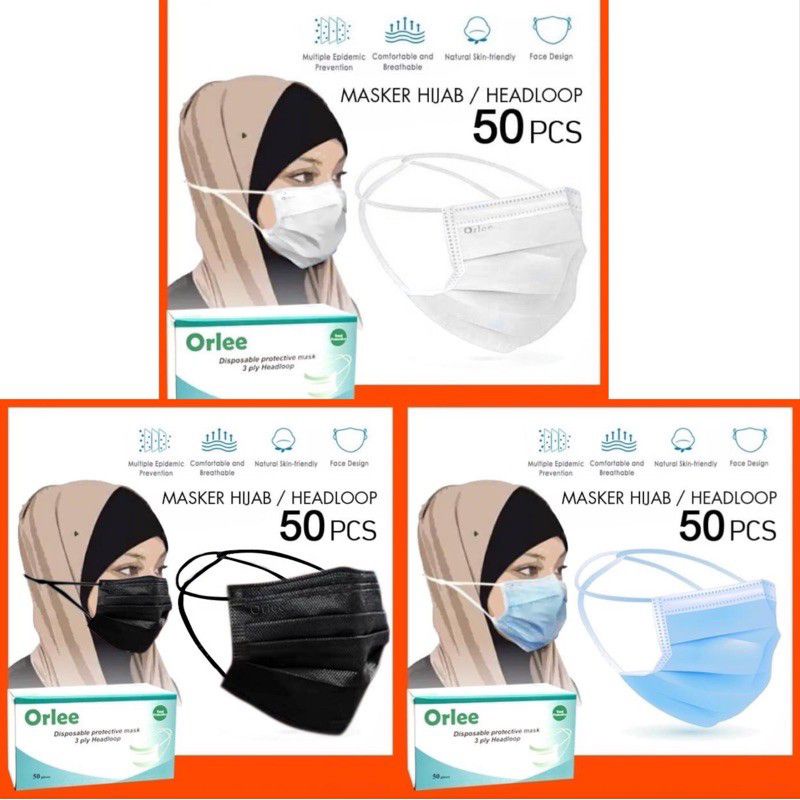 MASKER HIJAB HEADLOOP ORLEE 3PLY ISI 50PCS