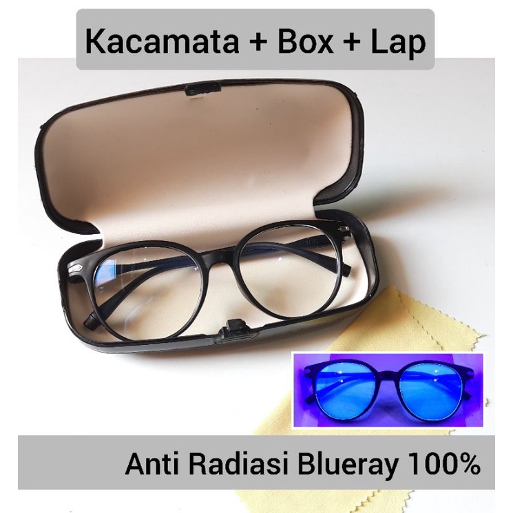 Kacamata + Kotak + Lap (ANTI RADIASI BLUERAY 100%) Frame Pria Wanita Oval