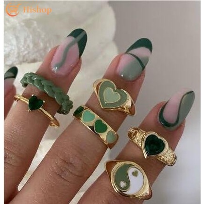 6pcs/set Green Heart Gold Rings Set Crystal Tai Chi Ring for Women Jewelry Fashion Accessories