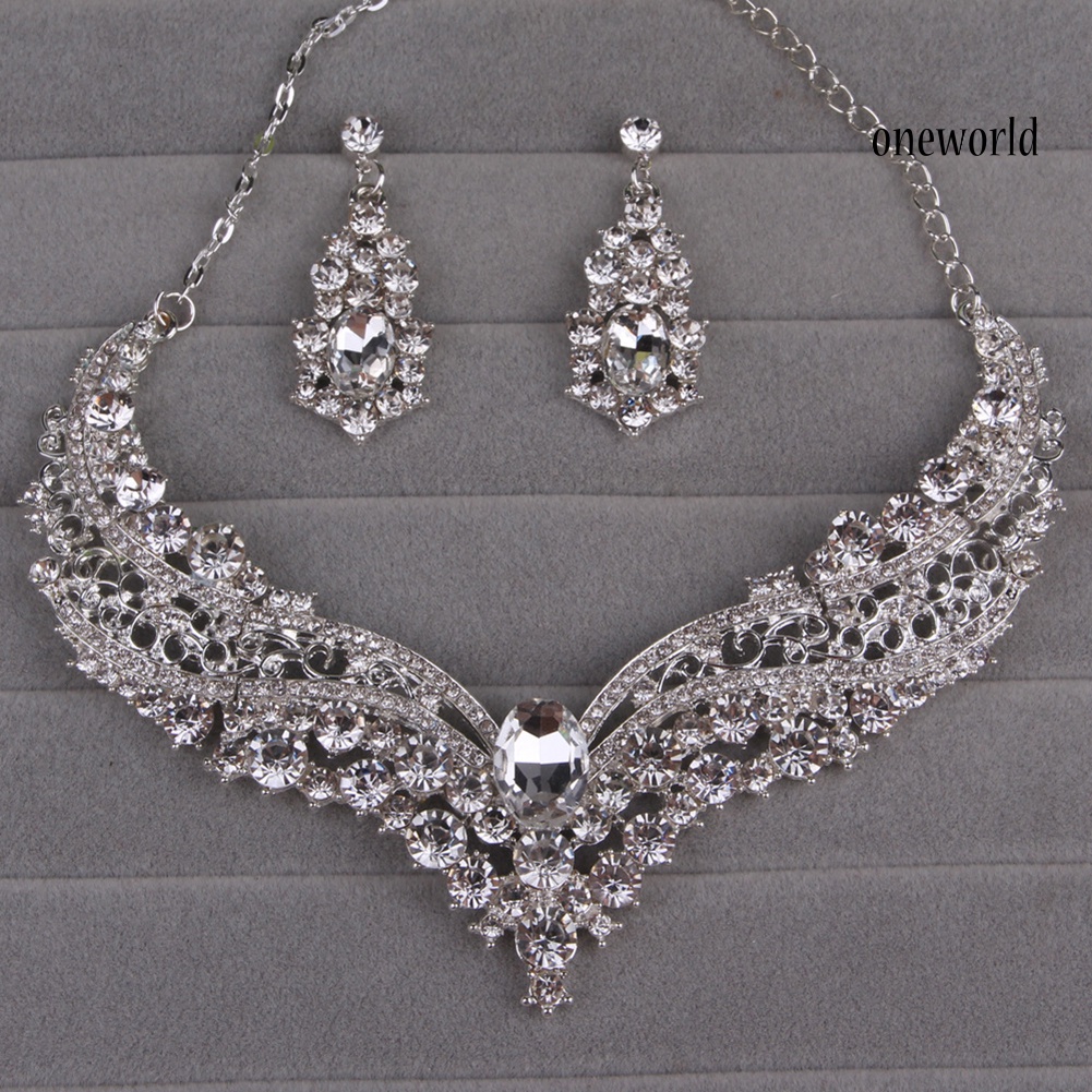 OW@ Wedding Bridal Queen Style Fully Shiny Rhinestone Necklace Earrings Jewelry Set