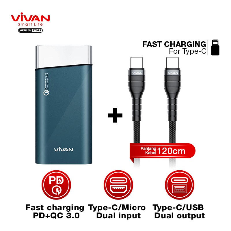 Powerbank VIVAN Original Power Bank 10000mah VPB-G10 mah Fast PD QC3.0 + Kabel Data Type C to Type C