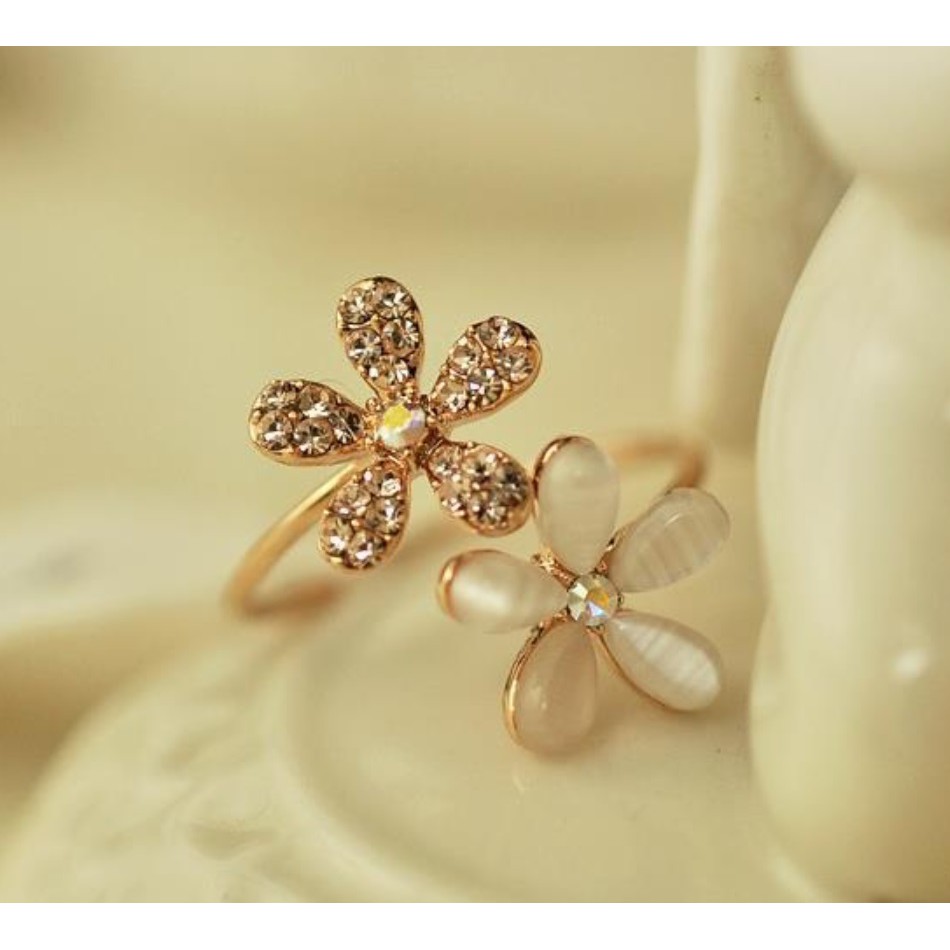 Cincin Wanita D20 TWIN DAISY Berkilau Premium High Quality Korean Style Women Ring Cewe Nuansa Pink