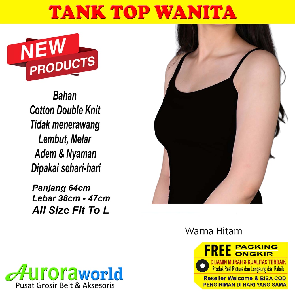 Auroraworld Tank Top tali kecil Tanktop dalaman wanita bahan Cotton Double Knit tidak menerawang, adem dan nyaman dipakai bisa COD