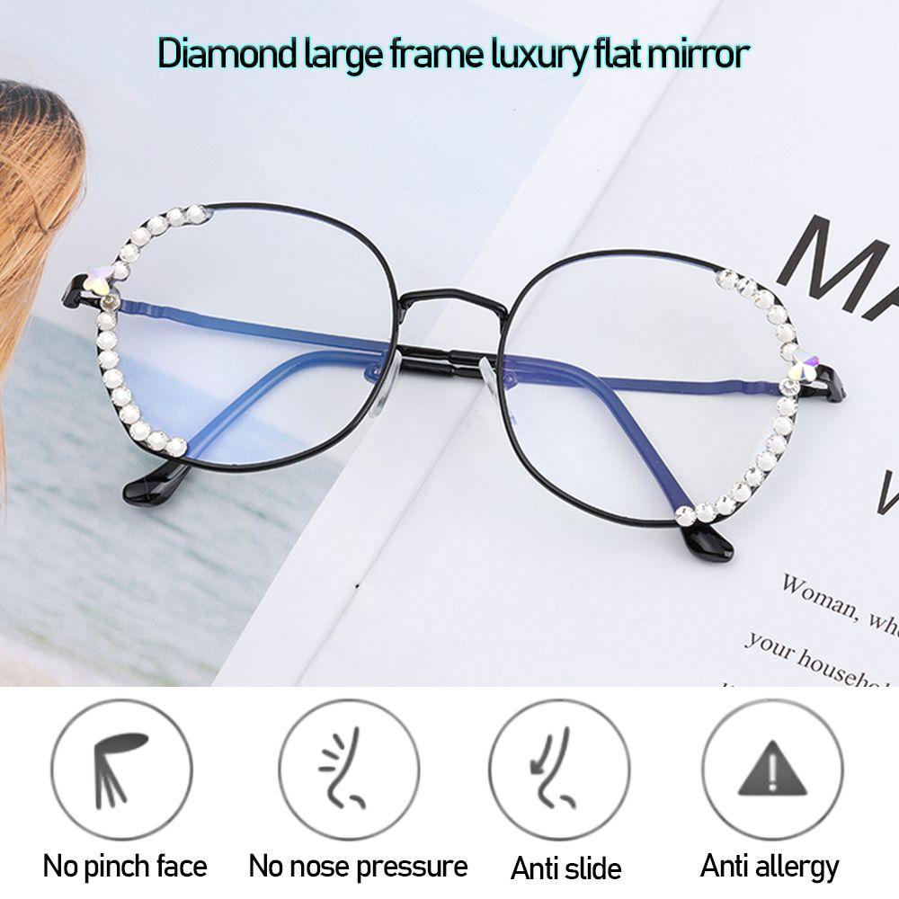 R-flower Vintage Square Glasses Vision Care Spectacles Perlindungan Radiasi Berlian Imitasi Eyewear