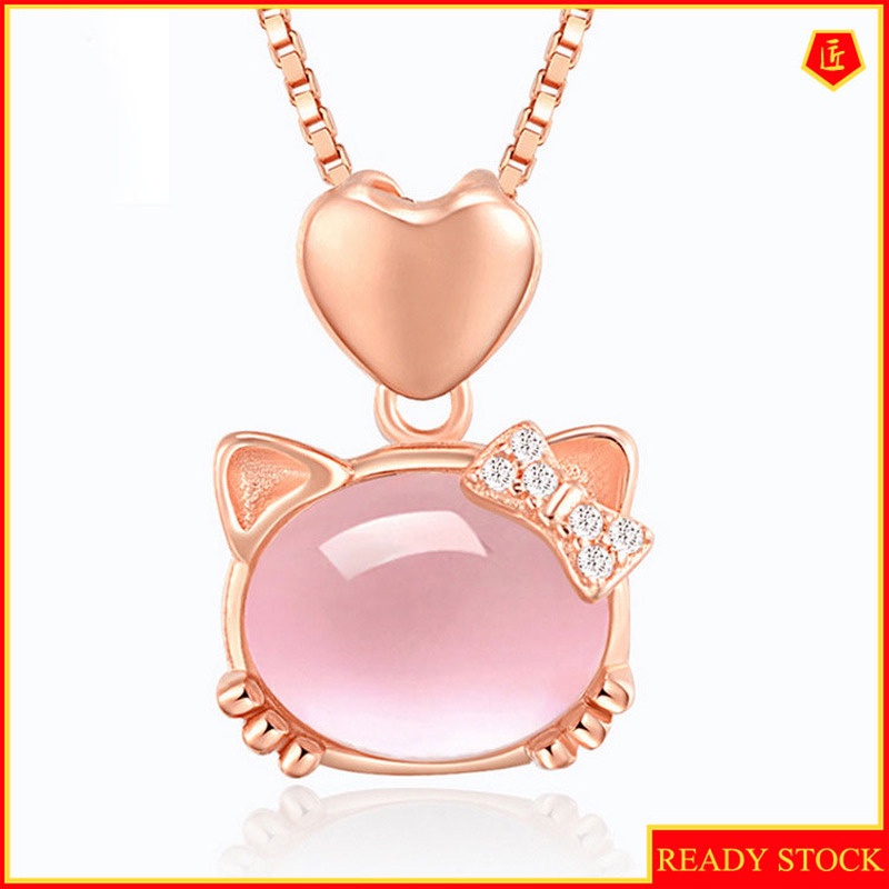 [Ready Stock]Fashion Inlaid Pink Crystal Cat Heart Pendant Necklace