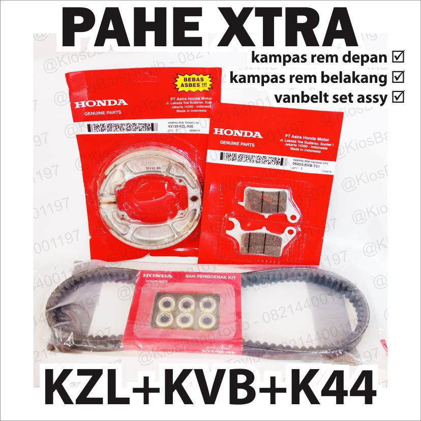 (PAHE XTRA) Kampas Rem Depan+Belakang+Vanbelt Set Assy HONDA BeAT eSP, Pop, vario 110  (KVB KZL K44)