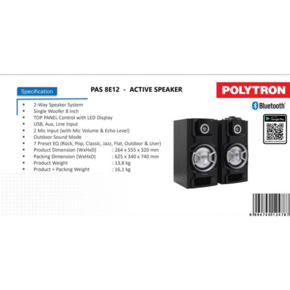 Polytron Speaker Aktif Audio Bluetooth PAS 8E12 PAS8E12 USB Mic Input