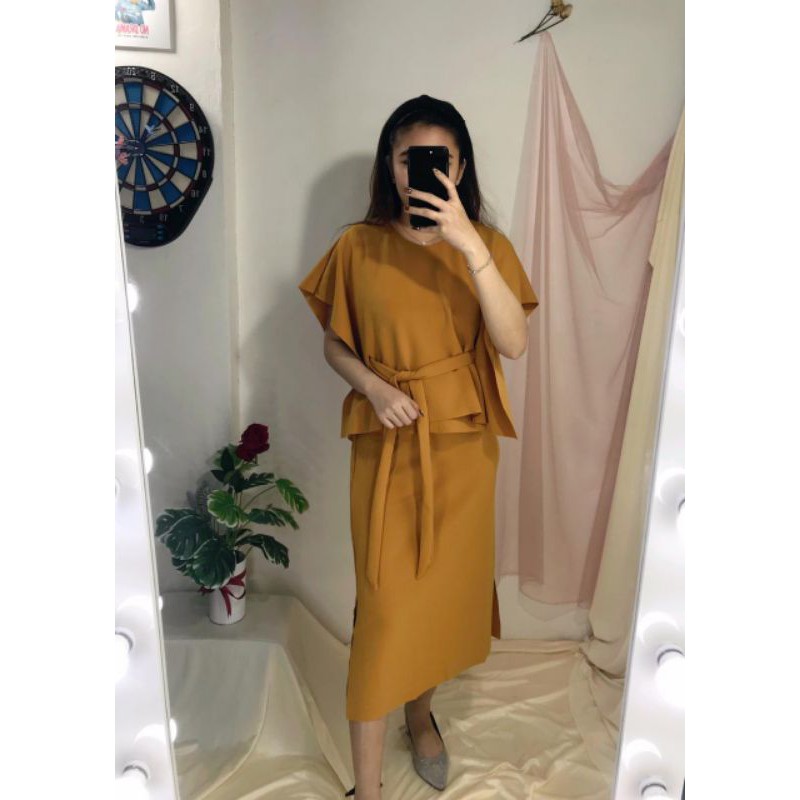 Aenor Cloth - Callie Korean Set Dress setelan atasan rok Scuba Strip Premium Milo Mustard Hitam