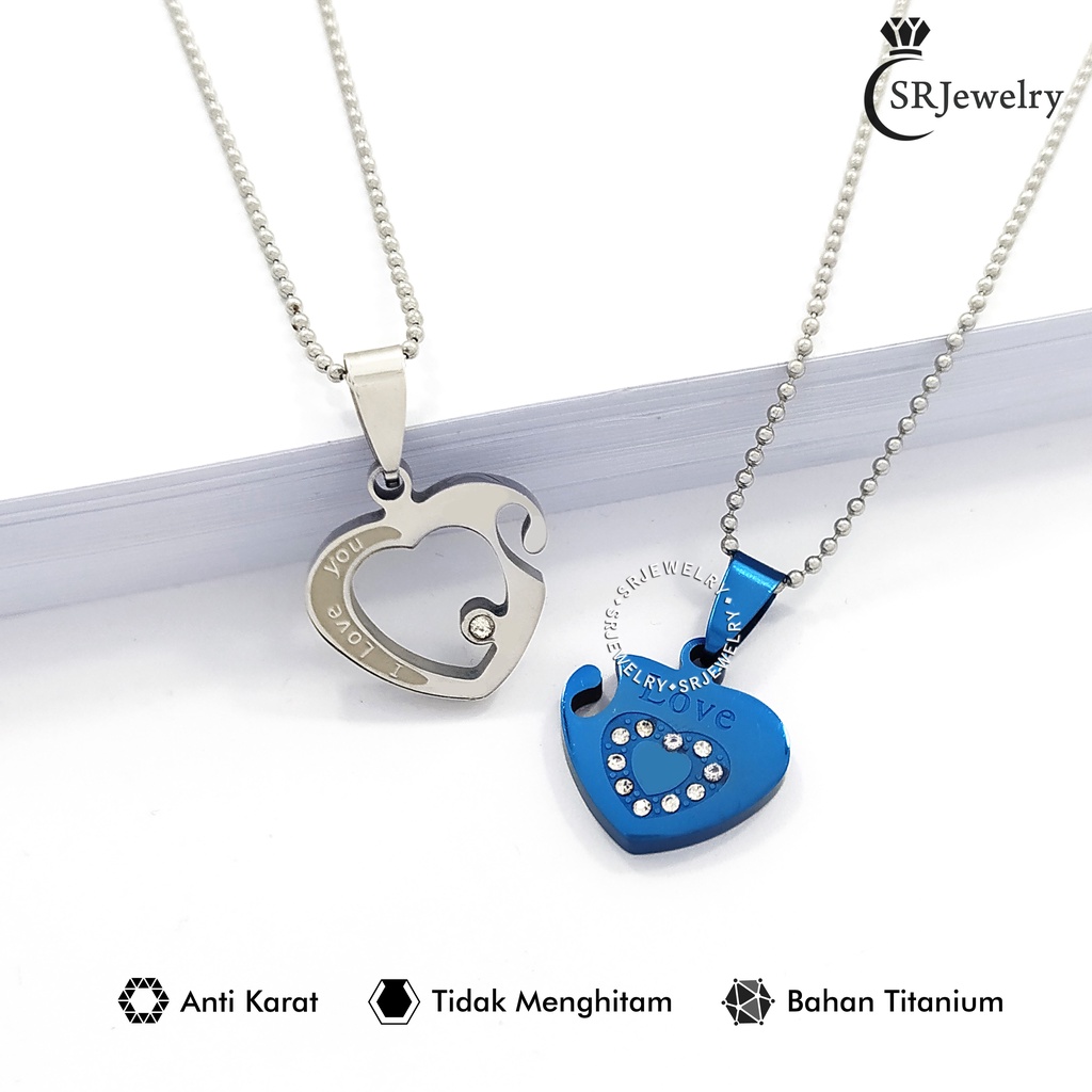 Kalung Couple Titanium Hati Blue Necklace Aksesoris Pasangan Anniv