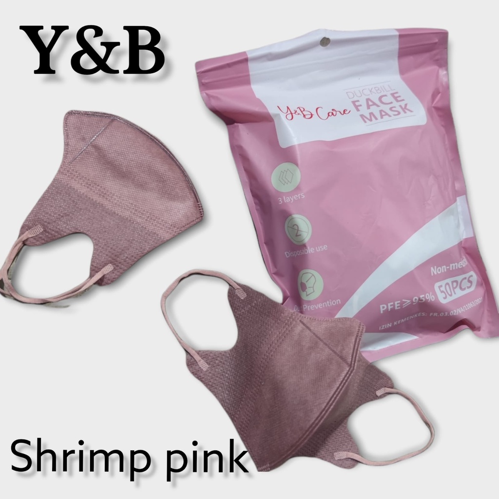 GREY SILVER SHRIMPINK DB YB CARE PACK 50 - MASKER DUCKBILL Y&amp;B CARE EARLOOP 3PLY GARIS WARNA