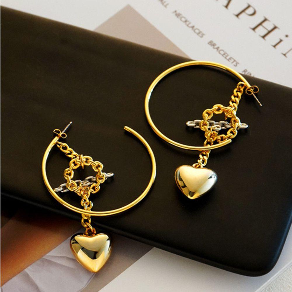 Lily Hoop Earrings Fashion Berlebihan Desain Dilepas Berbentuk C Perhiasan Dua Warna Liontin Hati