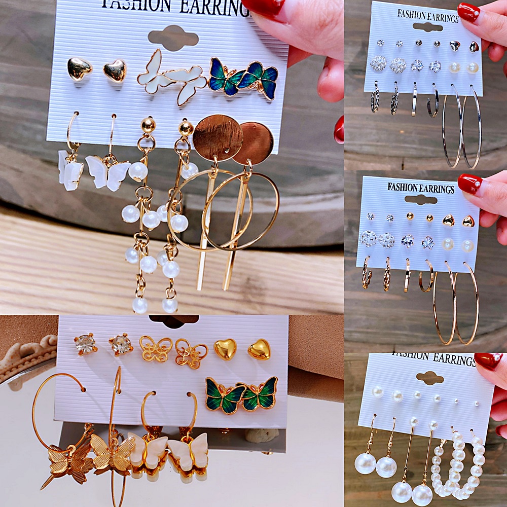 10pcs / Set Anting Stud Hias Mutiara Kupu-Kupu Warna Emas Gaya Retro Untuk Wanita