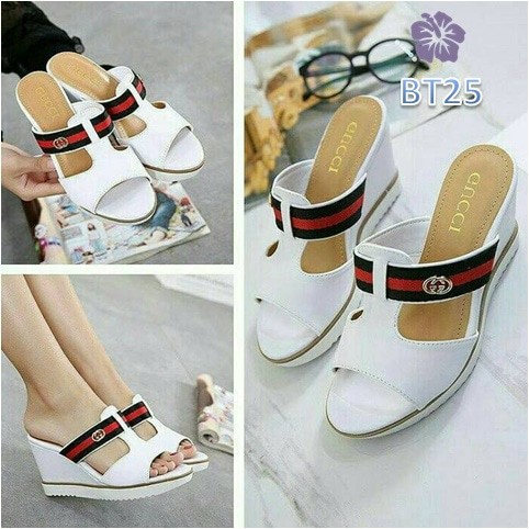 Sandal Wedges Selop Wanita Gucci Slava Putih . Coklat Bs