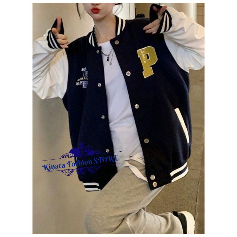 P BASEBALL 2XL 3XL Varcity Baseball Jacket | Unisex Jacket Fashion Terkini Bahan Fleece Korean Style