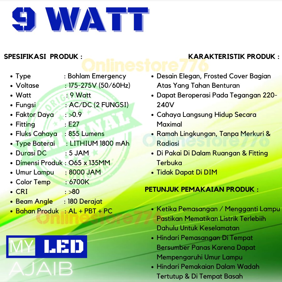 LAMPU EMERGENCY MYLED 9WATT / EMERGENCY LAMP / BOHLAM LAMPU EMERGENCY  MYLED AJAIB 9W / RECHARGEABLE