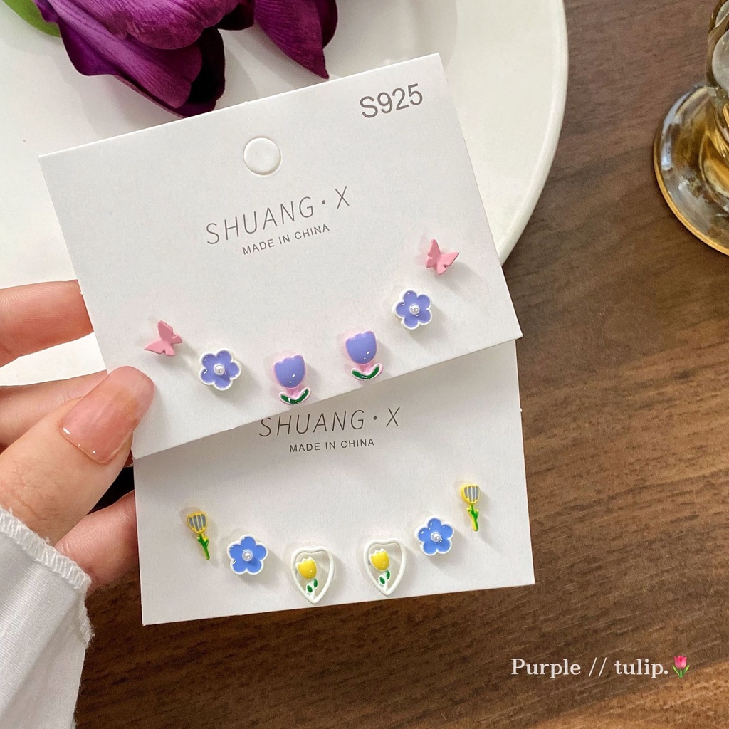 Set Anting Hoop S925 Silver Bentuk Kupu-Kupu Tulip Geometris Aksen Kristal Warna Pink Biru Untuk Wanita