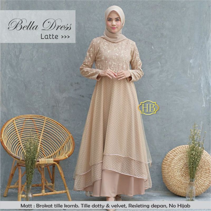 BELLA DRESS GAMIS MUSLIMAH BROKAT TILLE DOTTY NUDE GREY ROSE GAUN PESTA KONDANGAN WISUDA BRIDESMAID 