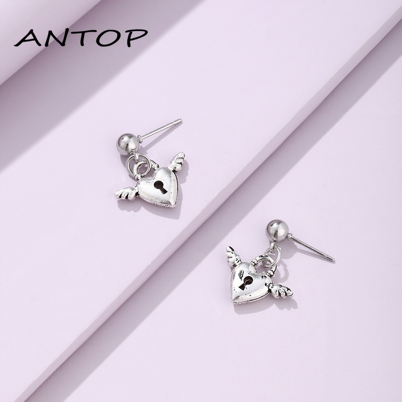 1 Pasang Eropa Dan Amerika Sederhana Anting Fashion In Net Merah Jantung Sayap Kunci Anting-Anting Wanita ANTOP