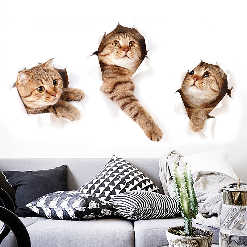 Hot Sale/Stiker Dinding Kucing 3D Kitten Lucu/3D Kitten Cat Sticker/Stiker Kamar Mandi/Rumah Kamar Tidur/Kucing Hidup Stiker Mobil/Wall Art Decor/Kulkas Decal Home Mural Art Decor