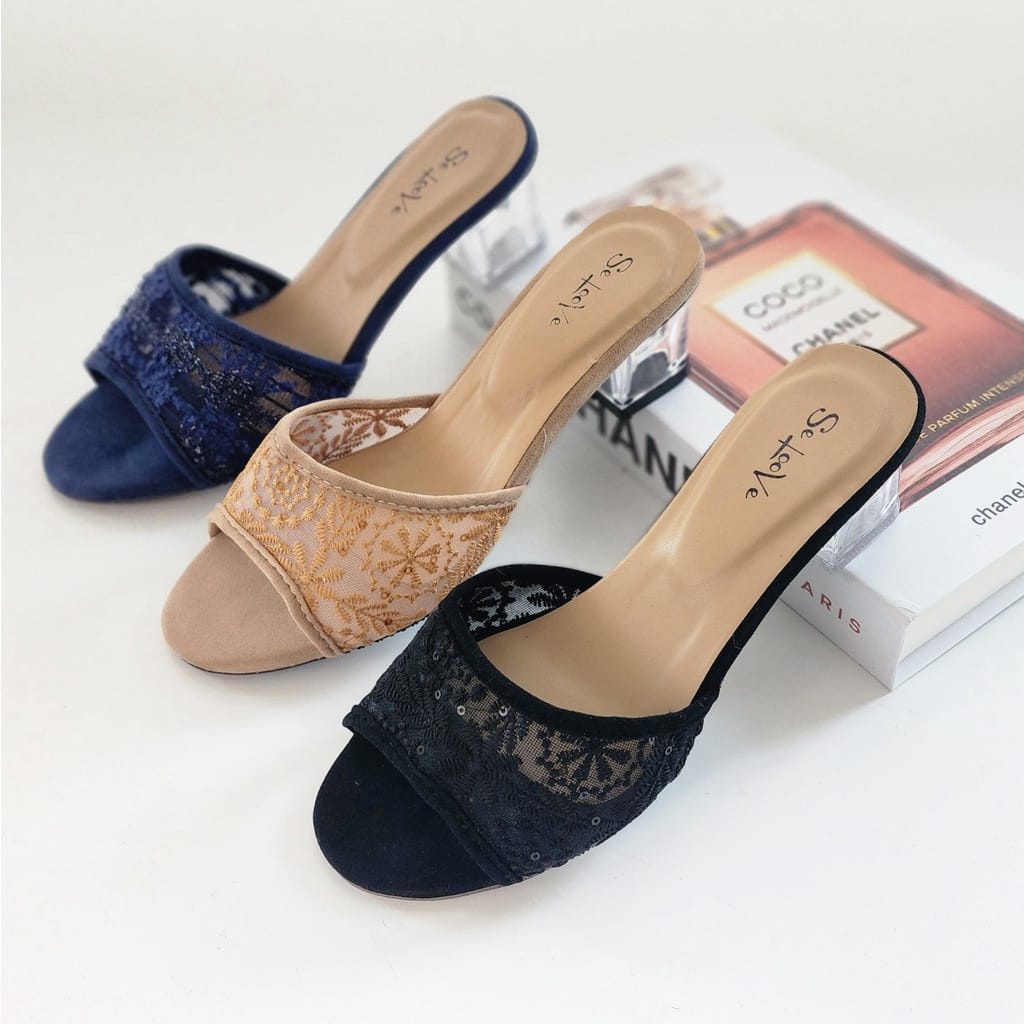 Sandal Hak Kaca Shakila S3LOVE Pesta/Formal 36-40 Heels Wanita Rajut Hak Kaca Hils Perempuan Dewasa 