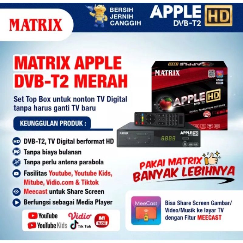 STB TV DIGITAL Set Top Box STB DVBT2 Receiver Matrix Apple Merah Untuk jadi TV Digital android tv te