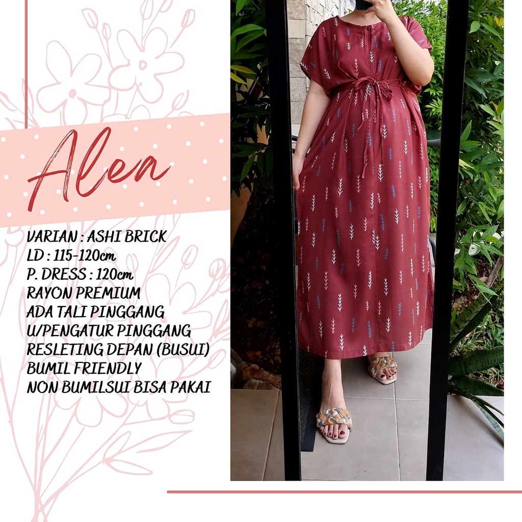 produk 2 Alea 120cm daster rayon jumbo bumil busui friendly adem resleting depan semata kaki-Ashi brick