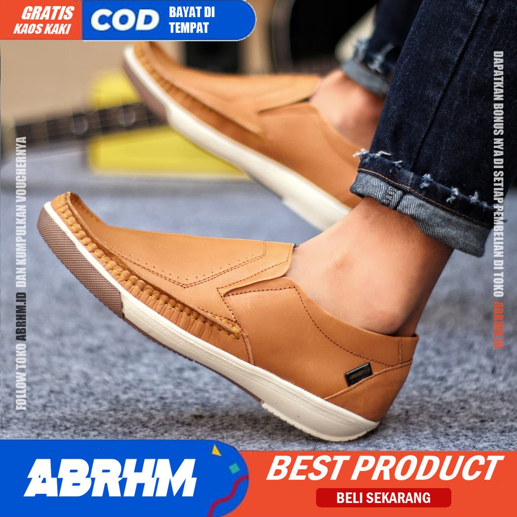 ABRHM X SANDRO Sepatu Casual Slip on Pria Sepatu Slip On Pria Sepatu Pria Casual Kulit Asli Cowok Sepatu Kasual Semi Formal Kerja Kantor Kuliah Anti Slip Gaya Santai Keren Kekinian Original