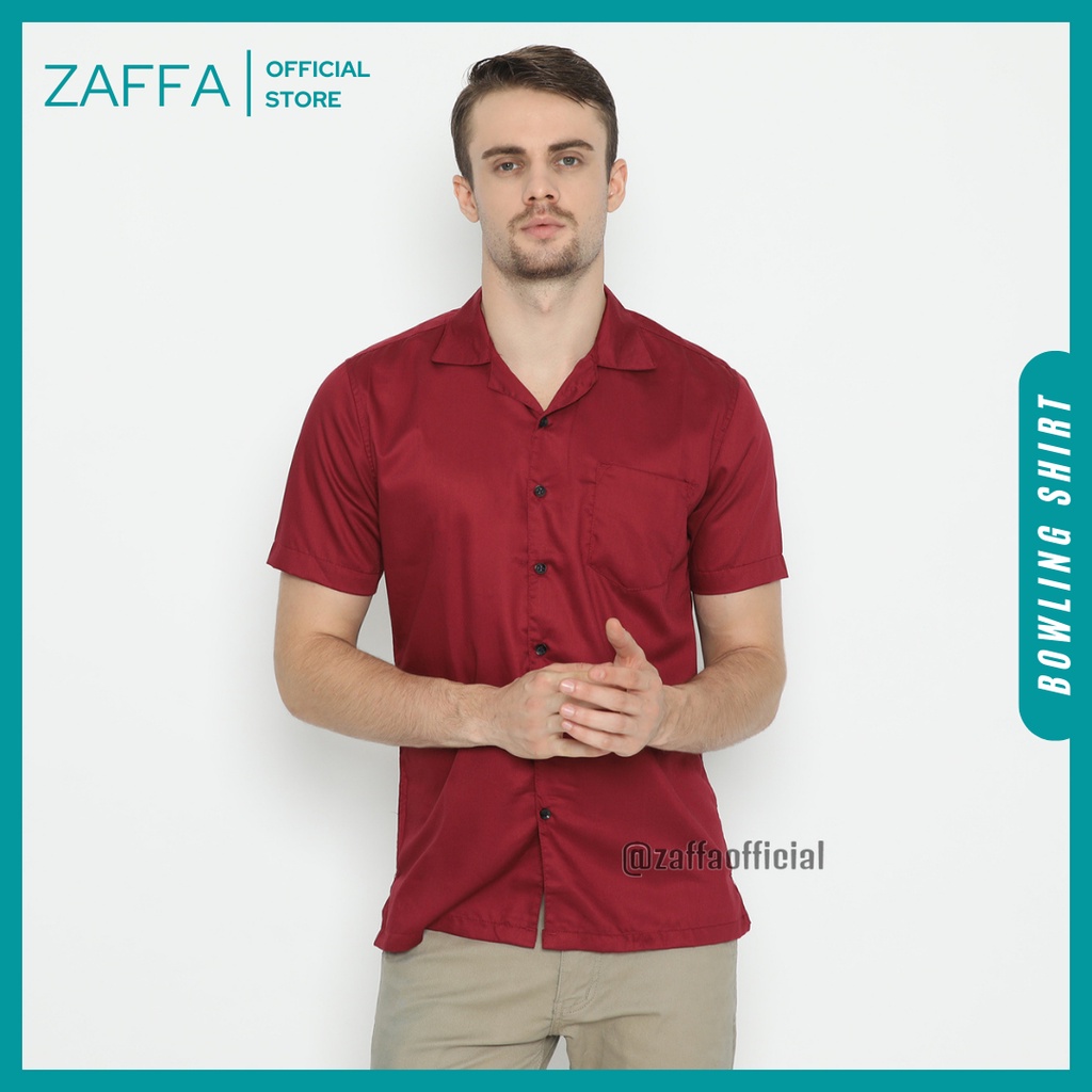 Zaffa Kemeja Polos Pria Lengan Pendek Basic Kerah Pantai Katun Toyobo Hitam Navy Mustard Maroon Bowling Shirt Casual Cowok Maroon Z-1020